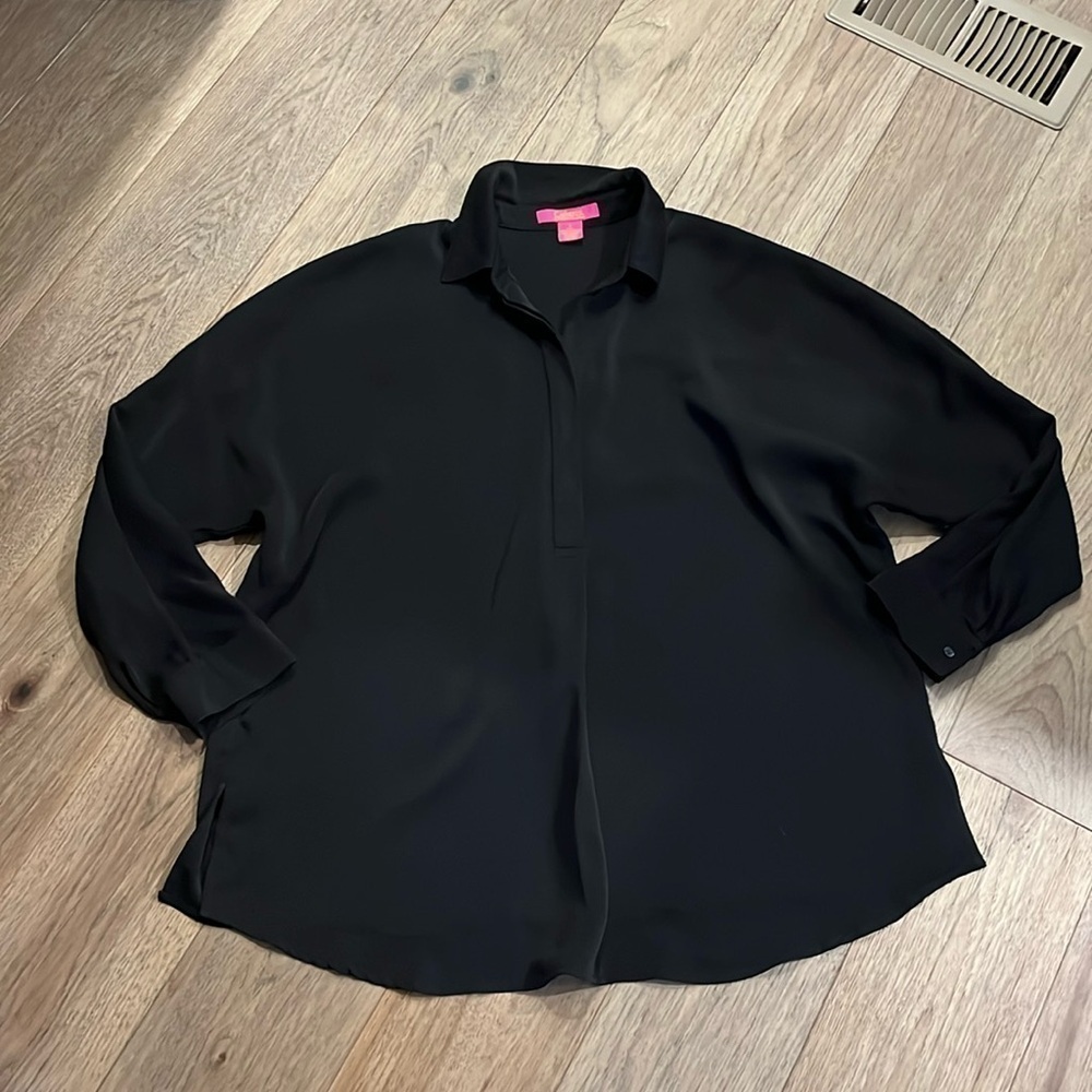 CATHERINE MALANDRINO black drop sleeve quarter button down blouse, size large